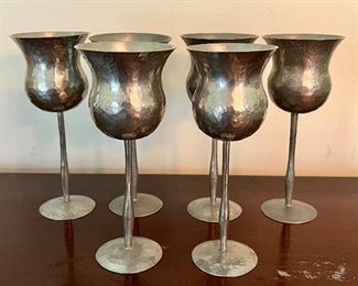 (6) Signed Hand Hammered Pewter Wine Glasses