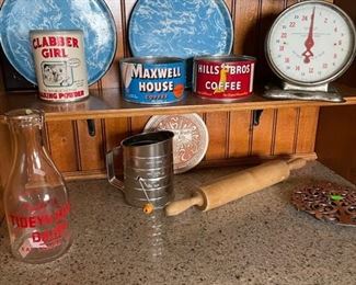 Enamel pans, scale and other vintage kitchen items