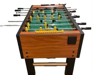 $400 - Halex Foosball Machine MK144-18                                      5/8” solid steel player rods
Ball bearing bushings
Brown/burgundy weighted players
3 man goalie
Two molded soccer balls included; side ball return
Golden oak with black trim
Glossy green playfield
4” post legs with cross bars and deluxe levelers
Table size: 55” x 29” x 34”
Condition: Excellent
Dimensions: 55 x 30 x 34"H
Local pick up McLean VA AFTER 1/1/23.  Contact us for shipper suggestions