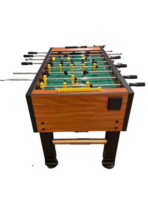 $400 - Halex Foosball Machine MK144-18                                      5/8” solid steel player rods
Ball bearing bushings
Brown/burgundy weighted players
3 man goalie
Two molded soccer balls included; side ball return
Golden oak with black trim
Glossy green playfield
4” post legs with cross bars and deluxe levelers
Table size: 55” x 29” x 34”
Condition: Excellent
Dimensions: 55 x 30 x 34"H
Local pick up McLean VA AFTER 1/1/23.  Contact us for shipper suggestions