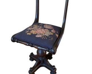 $250 - Antique Chair w/Pedestal Base and Needlepoint seat cushion MK144-11                                                                      Description: Antique office that is very small in stature with needlepoint seat.  Could possibly have been a child's chair or a spinning chair. Simple curved backrest with turned front edge on the seat.  the chair sits atop a sturdy carved pedestal with casters. 

Condition: Good for age

Dimensions: 16 x 16 x 32"H

Local pick up McLean VA AFTER 1/1/23.  Contact us for shipper suggestions