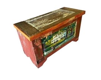 $225  - Antique Hand Painted Storage Chest/Trunk MK144-15                                                                                                          Description:  Antique hand-painted American Folk Art chest. Hand painted neighborhood landscape scene surrounded rustic red barn paint. 

Condition:

Dimensions: 33 x 15 x 19"H

Local pick up McLean VA AFTER 1/1/23.  Contact us for shipper suggestions