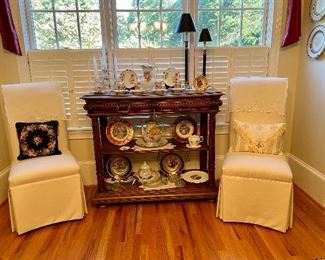 Host and hostess chairs, vintage Silesia tea set, two shelf Buffet, miscellaneous transfer plates...