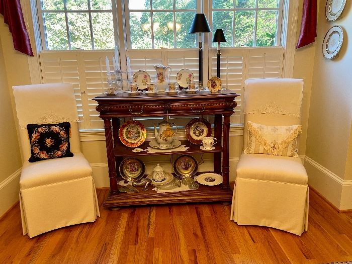 Host and hostess chairs, vintage Silesia tea set, two shelf Buffet, miscellaneous transfer plates...