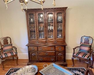 Stanley Furniture Company China cabinet full! 8 piece place setting  Ucagco China 'Theresa', silver plate, crystal... Two armed dining chairs... 