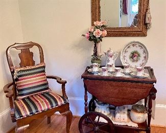 Vintage wood wheel tea cart, Handpainted tea set, hand painted lidded  jars and covered butter dish , antique gold framed mirror