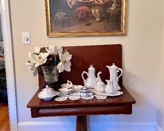 Antique Empire mahogany flip top game table, Gold framed children on sofa picture, Stoneware, Handpainted butter dish...