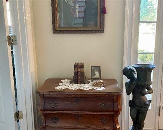 Picture in vintage frame, Oak 3 drawer side table, metal boy with urn...