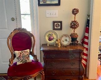 Victorian carved chair, Oak 3 drawer side table, painted plates, Topiary...