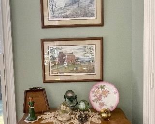 Oak three drawer chest,  candles with candle sticks, paper weights, Kollock prints