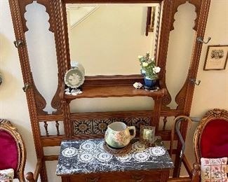 Magnificent English carved, tiled and marbled Hall Tree, Two Victorian carved chairs...