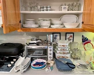 Vintage Corelle 'Crazy Daisy'  dinnerware, toaster oven, stemware, glasses, cooking utensils, Corning  Ware 'Spice O Life' casserole dishes...