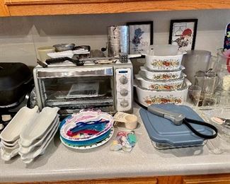 Vintage corn holders, toaster/sandwich oven, 'Spice of Life' Corning Ware casserole dishes, vintage baking items...