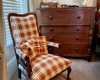 Antique Empire dresser, carved armed straight back chair