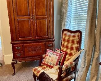 Webb Furniture Company storage/TV cabinet, carved armed straight back chair