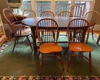 Country farmhouse solid wood oval table with eight  Windsor style chairs