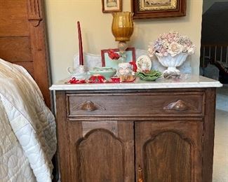 Eastlake marble top one drawer table, porcelain candle holder, glass candle holder, Santa mug, vintage pictures in very nice wood frames. 