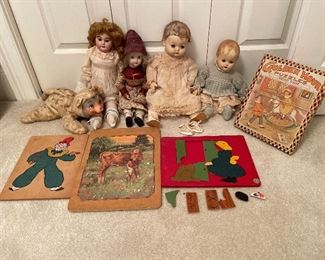 Vintage dolls, puzzles, 