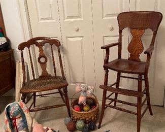 Cane bottom chair, quilted animals, oak highchair, basket with fabric eggs