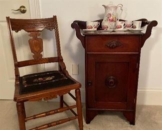 Victorian wash stand, German hand painted tea set, beautifully carved splat antique chair.