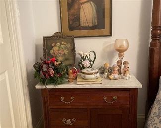 Nice oak with marble top 3 drawer one door side table "Shepherd Girl" (little Bo-Peep) framed print,  glass candle holder,  vintage Kids Nativity set made in Taiwan. 