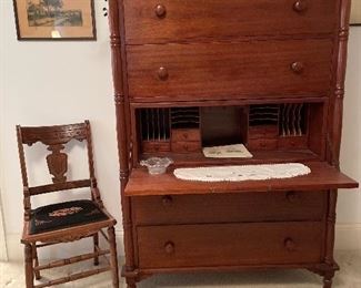 Antique cherry dresser with hidden desk, beautifully carved splat antique chair
