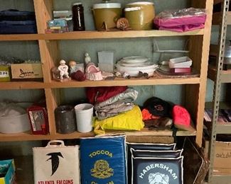 Lots of jars with nails, screws...  Tupperware, Vintage stadium cushions: Habersham Raiders, Toccoa Civitan, Atlanta Falcons, NFL Football Country USA