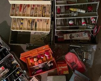 LOTS for any fisherman! Vintage fishing lures and bobbers, tackle boxes, vintage metal bait can and more, more, more.