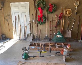 Tools! Weed eater, Stihl FC 44 edge trimmer, Husqvarna 322L trimmer, Werner wood ladder, hatchets, rakes, shovels, axes, post hole digger, Homelite limb saw, pitch forks, hand saw...