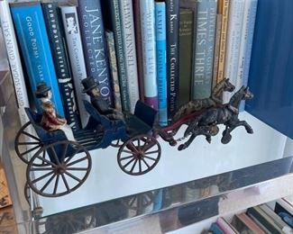 5 Cast iron Antique toys Horse and buggy ice wagon , Carraige, firetruck