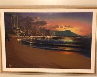 14)  $400 - Al Hogue Oil on Canvas Framed and Matted Print.  Waikiki Sunset.  30" x 42".  Signed and Numbered Edition.  with Certificate of Authenticity. $300 is the minimum accepted for this item.