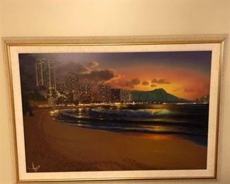 14)  $400 - Al Hogue Oil on Canvas Framed and Matted Print.  Waikiki Sunset.  30" x 42".  Signed and Numbered Edition.  with Certificate of Authenticity. $300 is the minimum accepted for this item.