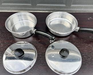 13)  $350 -  20 Piece Set of Saladmaster Cookware.  Stainless steel.  11" Stock Pot with Lid, 11" Insert, 11" Frying Pan with Lid, 9" Frying Pan with Lid, 8" Pan with Lid, 8" Insert, 8" Steamer Pan with Lid, 8" 5 qt saucepan with Lid, 8" 3 qt saucepan with Lid, 7" 1 quart with Lid, Griddle.  6 Egg cups.  All used but in good clean condition.  