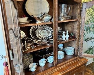 1)  $700 - Antique Louie XV Style Solid Oak Breakfront China Cabinet.  49" x 76" 2 piece. Contents not for sale.  Furniture only.  Decor and cabinet contents NOT FOR SALE. $525 is the minimum amount accepted for this item..