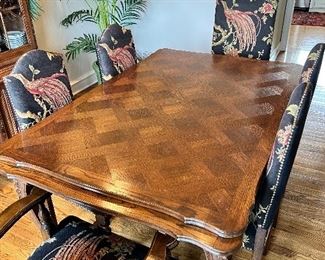 2)  $900 - Antique Louie XV Style Solid Oak Dining Table with 6 Upholstered Chairs. 2 Captains Chairs and 4 Side Chairs.  38 x 60 with no leaves.  38 x 84 with one side extension extended.  38 x 108 with both side extensions extended.  Furniture only.  Decor and cabinet contents NOT FOR SALE. $675 is the minimum accepted for this set. 