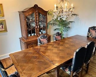 2)  $900 - Antique Louie XV Style Solid Oak Dining Table with 6 Upholstered Chairs. 2 Captains Chairs and 4 Side Chairs.  38 x 60 with no leaves.  38 x 84 with one side extension extended.  38 x 108 with both side extensions extended.  Furniture only.  Decor and cabinet contents NOT FOR SALE. $675 is the minimum accepted for this set. . 