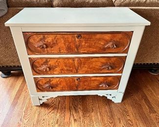 12)  $200 -  Antique walnut 3-drawer dresser with carved acorn pulls. Painted sage green with original stained drawer fronts.  39" x 19" x 34".