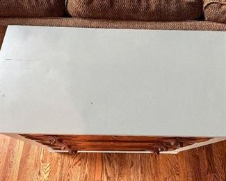 12)  $200 -  Antique walnut 3-drawer dresser with carved acorn pulls. Painted sage green with original stained drawer fronts.  39" x 19" x 34".