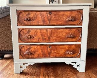 12)  $200 -  Antique walnut 3-drawer dresser with carved acorn pulls. Painted sage green with original stained drawer fronts.  39" x 19" x 34".