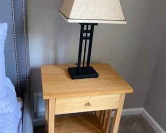 Pair of Oak Night Tables and Black Metal Table Lamps
