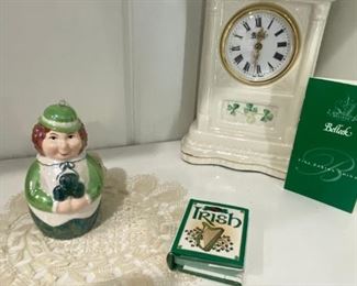 Irish Items including a Belleek Ireland Mantle Clock with Shamrocks & Dome Top 