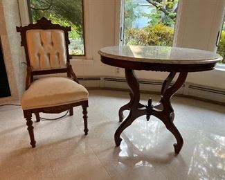 Victorian Eastlake Parlor Chair, Victorian Pedestal Table with Marble Top
