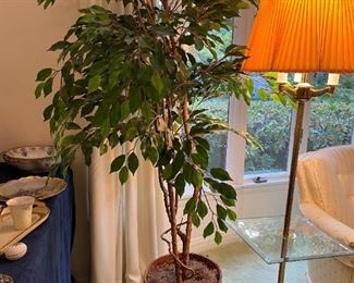 Artificial Tree in Basket, Vintage Brass Floor Lamp with Square Glass Table