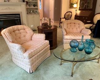 Matching Vintage Arm Chairs with Glass/Brass Coffee Table