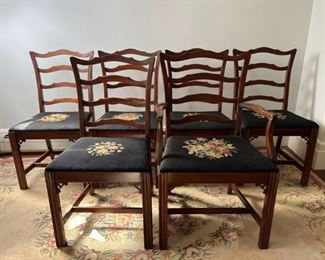 Set of Six Mahogany Dining Chairs with Needlepoint Black Floral Seats