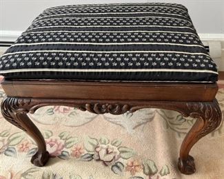 Antique Chippendale Style Bench With Black Ticking Stripe Floral Upholstery 