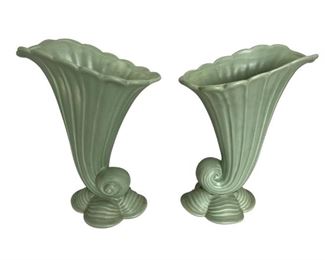 Pair of 1930s Art Deco Seafoam Green Horn of Plenty Vases