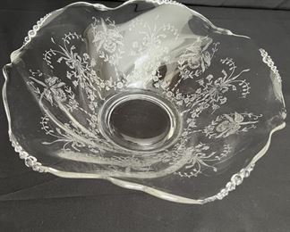 Beautifully Etched Large Vintage Wavy Glass Bowl 
