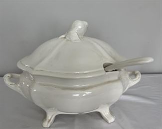 Vintage Whittier Pottery White Soup Tureen With Lemon Finial & Original Ladle