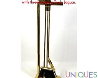 Lot 2 Set Brass Leaping Panther Fireplace Tools. Stand with three hanging Tools. Jaguar.